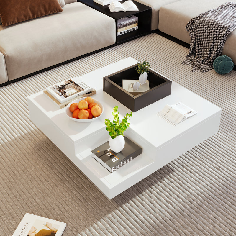 Table Basse Carrée Moderne Bicolore Blanc & Noir Laqué avec Boîte de Rangement Amovible et Éclairage LED RGB (72x72x30cm) CROKS WHITE