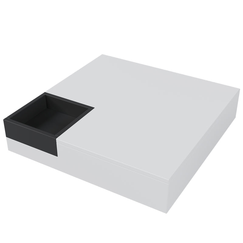 Table Basse Carrée Moderne Bicolore Blanc & Noir Laqué avec Boîte de Rangement Amovible et Éclairage LED RGB (72x72x30cm) CROKS WHITE