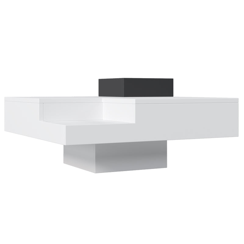 Table Basse Carrée Moderne Bicolore Blanc & Noir Laqué avec Boîte de Rangement Amovible et Éclairage LED RGB (72x72x30cm) CROKS WHITE