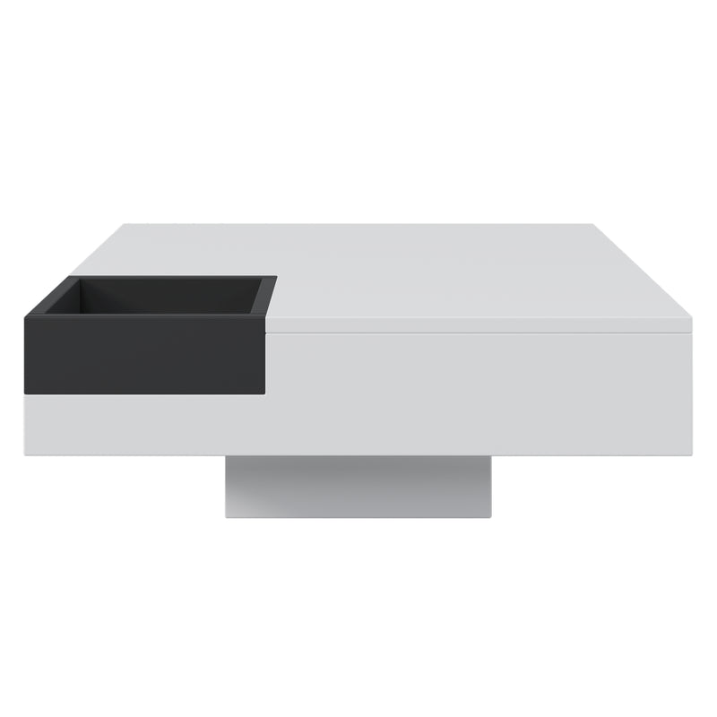 Table Basse Carrée Moderne Bicolore Blanc & Noir Laqué avec Boîte de Rangement Amovible et Éclairage LED RGB (72x72x30cm) CROKS WHITE