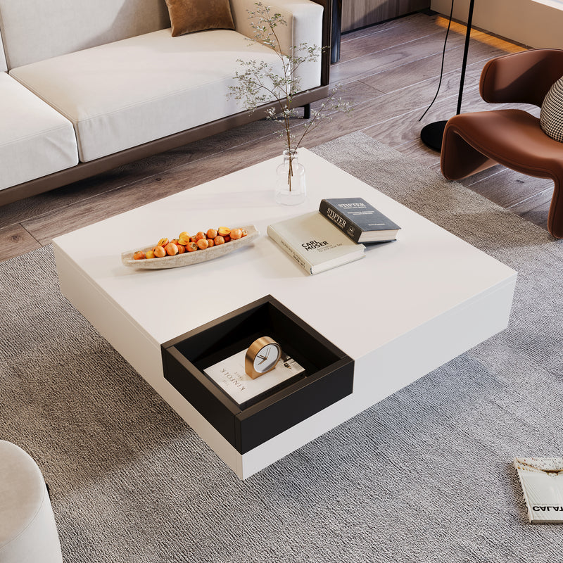 Table Basse Carrée Moderne Bicolore Blanc & Noir Laqué avec Boîte de Rangement Amovible et Éclairage LED RGB (72x72x30cm) CROKS WHITE