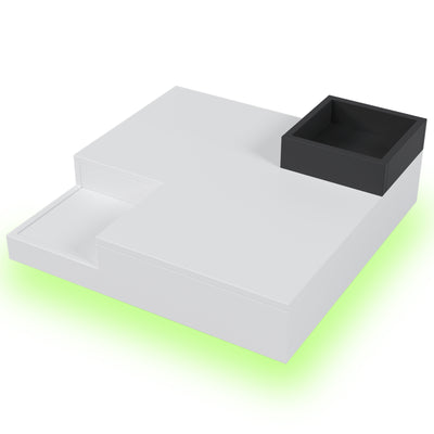 Table Basse Carrée Moderne Bicolore Blanc & Noir Laqué avec Boîte de Rangement Amovible et Éclairage LED RGB (72x72x30cm) CROKS WHITE