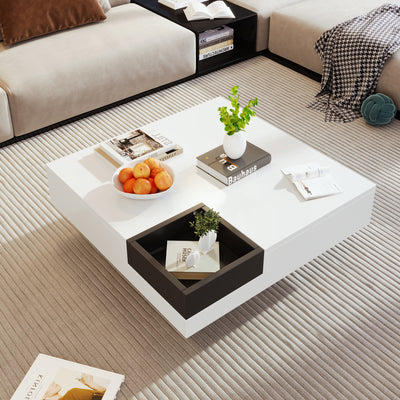 Table Basse Carrée Moderne Bicolore Blanc & Noir Laqué avec Boîte de Rangement Amovible et Éclairage LED RGB (72x72x30cm) CROKS WHITE