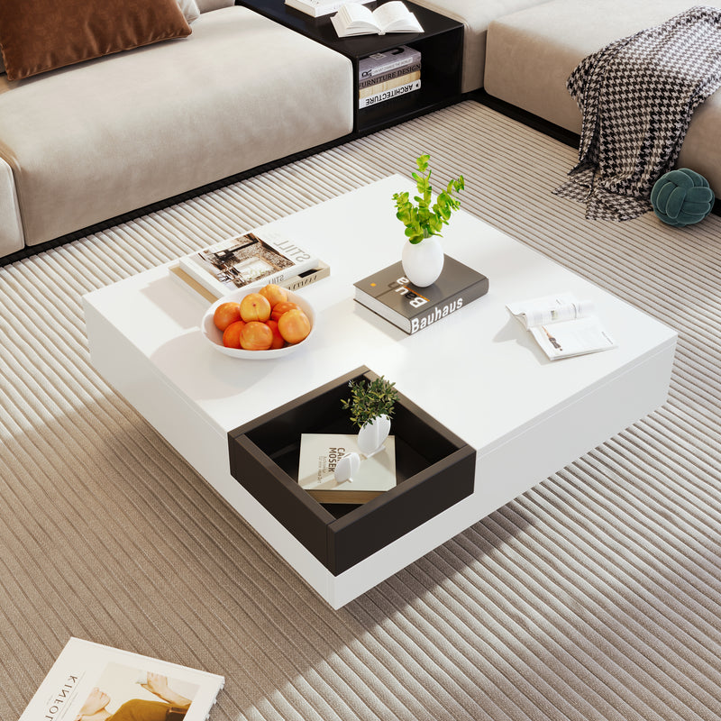 Table Basse Carrée Moderne Bicolore Blanc & Noir Laqué avec Boîte de Rangement Amovible et Éclairage LED RGB (72x72x30cm) CROKS WHITE