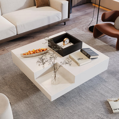 Table Basse Carrée Moderne Bicolore Blanc & Noir Laqué avec Boîte de Rangement Amovible et Éclairage LED RGB (72x72x30cm) CROKS WHITE
