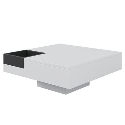 Table Basse Carrée Moderne Bicolore Blanc & Noir Laqué avec Boîte de Rangement Amovible et Éclairage LED RGB (72x72x30cm) CROKS WHITE