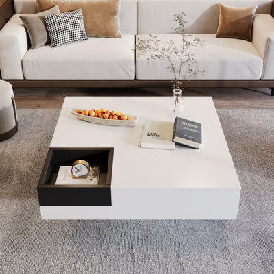 Table Basse Carrée Moderne Bicolore Blanc & Noir Laqué avec Boîte de Rangement Amovible et Éclairage LED RGB (72x72x30cm) CROKS WHITE