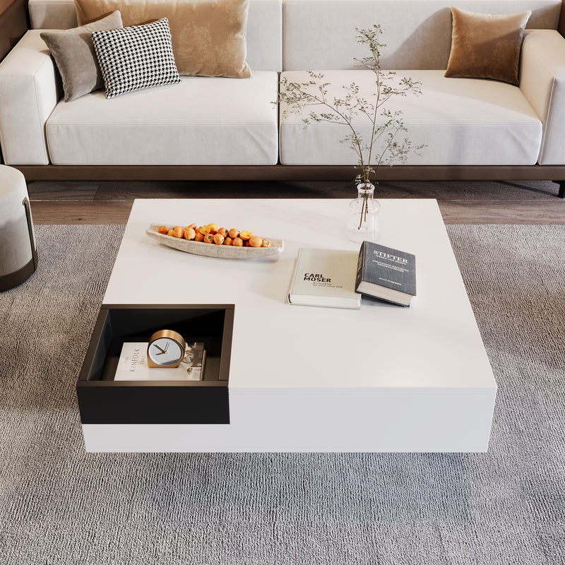 Table Basse Carrée Moderne Bicolore Blanc & Noir Laqué avec Boîte de Rangement Amovible et Éclairage LED RGB (72x72x30cm) CROKS WHITE