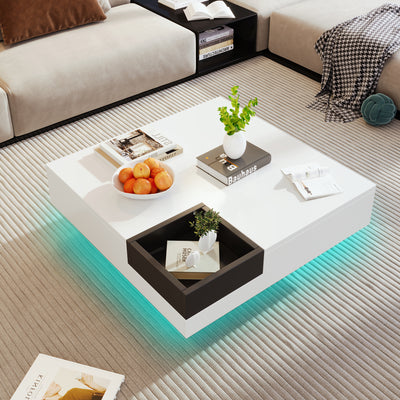 Table Basse Carrée Moderne Bicolore Blanc & Noir Laqué avec Boîte de Rangement Amovible et Éclairage LED RGB (72x72x30cm) CROKS WHITE