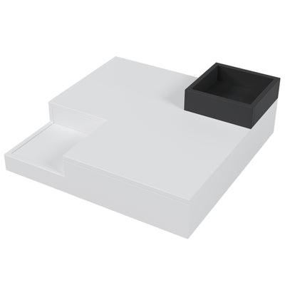 Table Basse Carrée Moderne Bicolore Blanc & Noir Laqué avec Boîte de Rangement Amovible et Éclairage LED RGB (72x72x30cm) CROKS WHITE