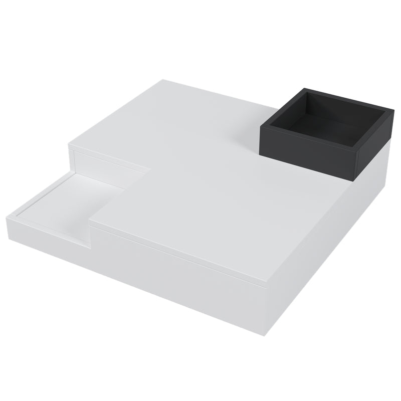 Table Basse Carrée Moderne Bicolore Blanc & Noir Laqué avec Boîte de Rangement Amovible et Éclairage LED RGB (72x72x30cm) CROKS WHITE