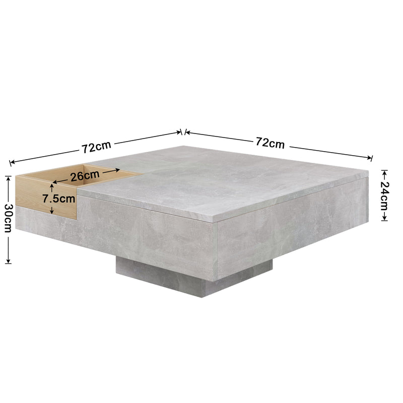 Table Basse Carrée Design Moderne Gris Béton & Bois avec Boîte de Rangement Amovible (72x72x30cm) CROKS