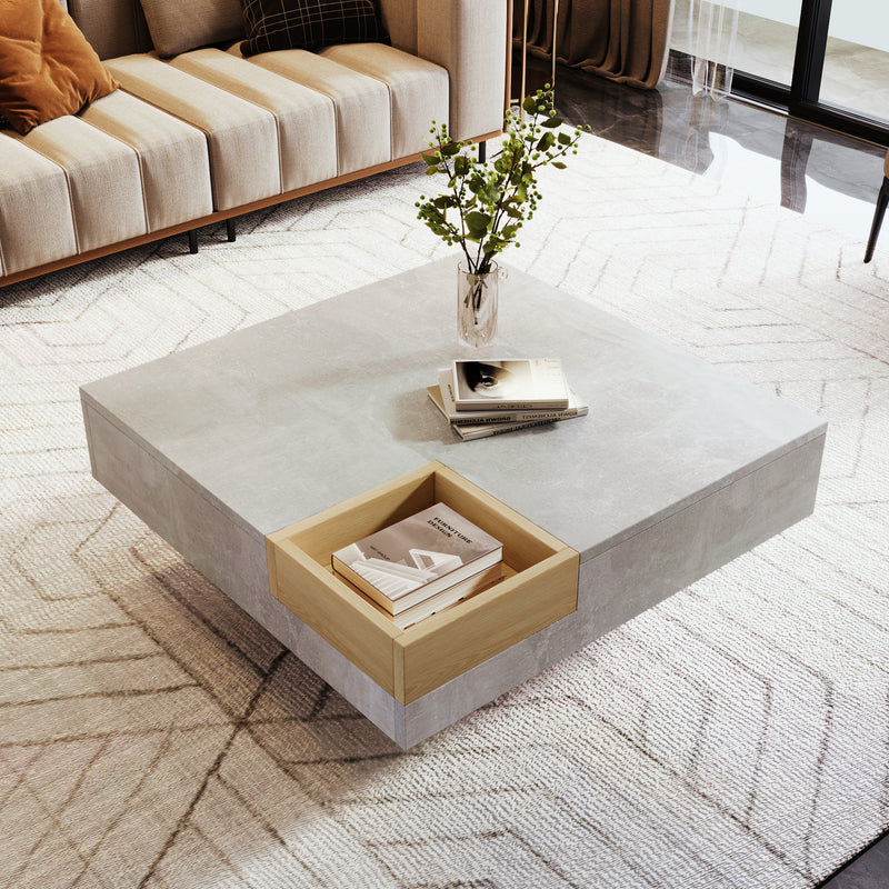 Table Basse Carrée Design Moderne Gris Béton & Bois avec Boîte de Rangement Amovible (72x72x30cm) CROKS