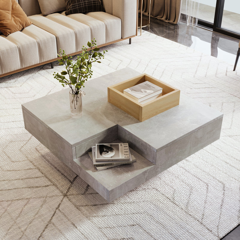 Table Basse Carrée Design Moderne Gris Béton & Bois avec Boîte de Rangement Amovible (72x72x30cm) CROKS