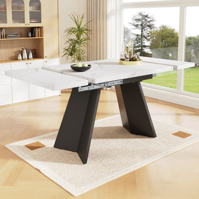 Table de Salle à Manger Extensible Blanche et Noire Effet Marbre avec Pieds en Acier au Carbone (99-159cm) CAUDRIED