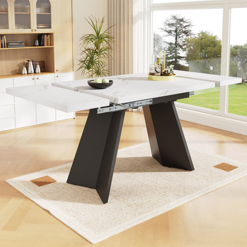 Table de Salle à Manger Extensible Blanche et Noire Effet Marbre avec Pieds en Acier au Carbone (99-159cm) CAUDRIED