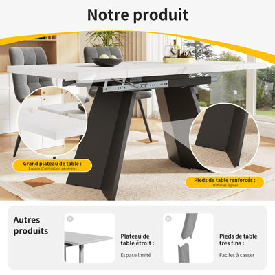 Table de Salle à Manger Extensible Blanche et Noire Effet Marbre avec Pieds en Acier au Carbone (99-159cm) CAUDRIED