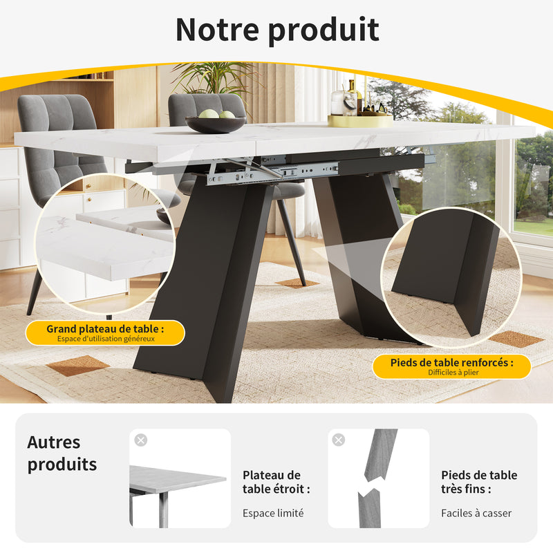 Table de Salle à Manger Extensible Blanche et Noire Effet Marbre avec Pieds en Acier au Carbone (99-159cm) CAUDRIED