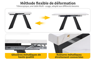 Table de Salle à Manger Extensible Blanche et Noire Effet Marbre avec Pieds en Acier au Carbone (99-159cm) CAUDRIED