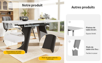 Table de Salle à Manger Extensible Blanche et Noire Effet Marbre avec Pieds en Acier au Carbone (99-159cm) CAUDRIED