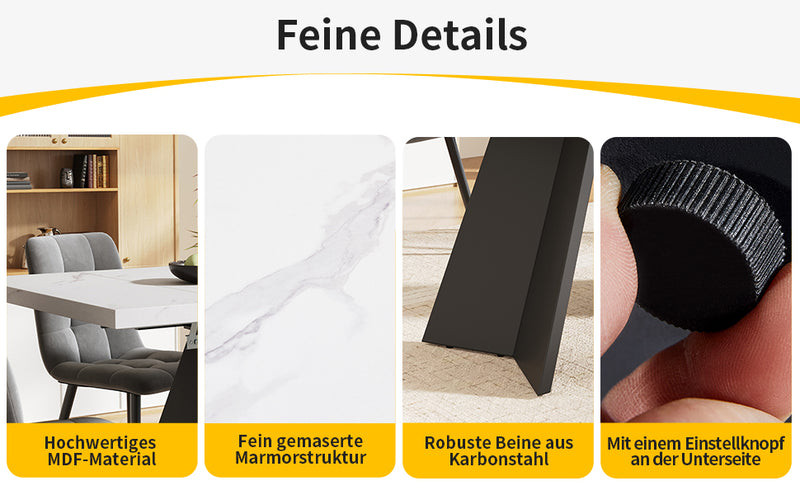 Table de Salle à Manger Extensible Blanche et Noire Effet Marbre avec Pieds en Acier au Carbone (99-159cm) CAUDRIED