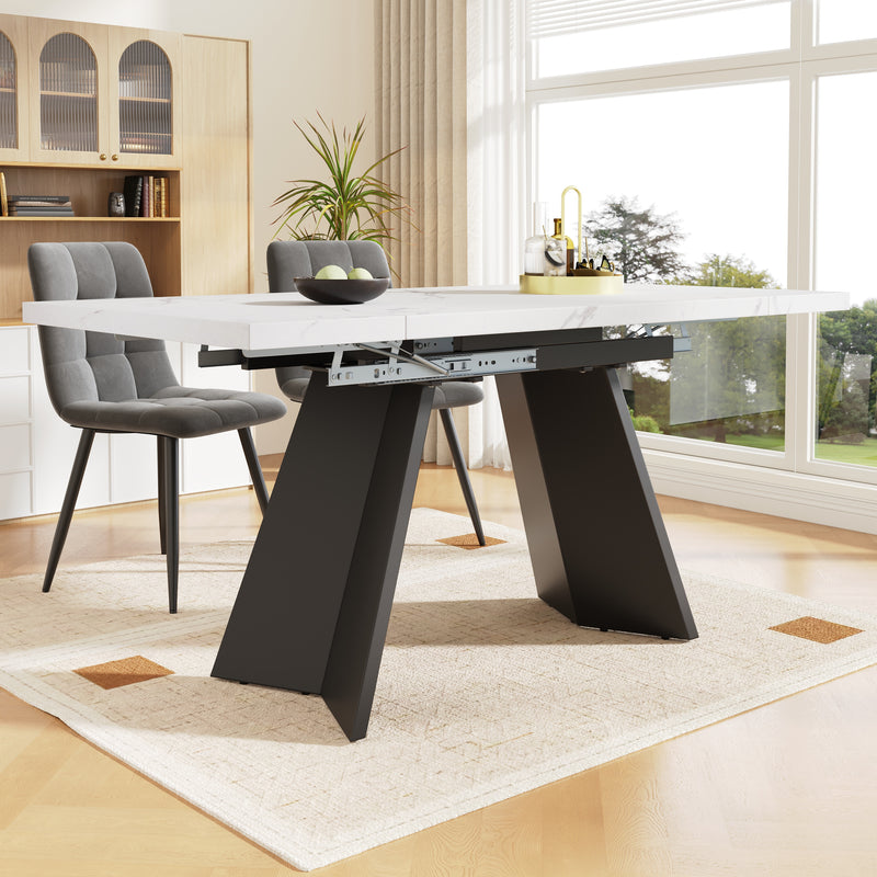 Table de Salle à Manger Extensible Blanche et Noire Effet Marbre avec Pieds en Acier au Carbone (99-159cm) CAUDRIED