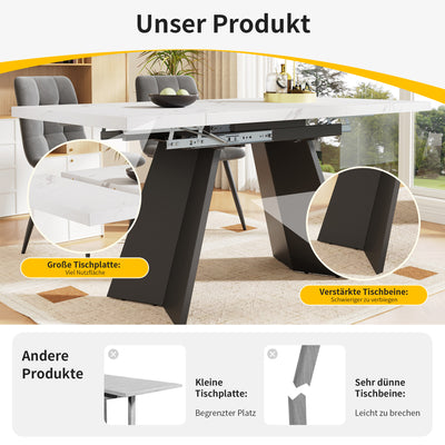 Table de Salle à Manger Extensible Blanche et Noire Effet Marbre avec Pieds en Acier au Carbone (99-159cm) CAUDRIED