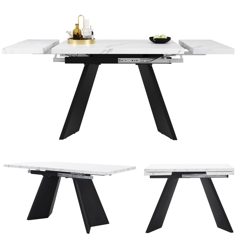 Table de Salle à Manger Extensible Blanche et Noire Effet Marbre avec Pieds en Acier au Carbone (99-159cm) CAUDRIED