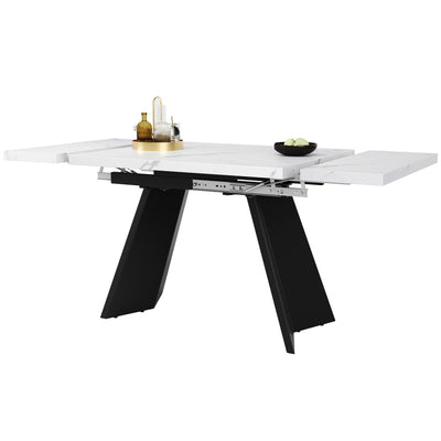 Table de Salle à Manger Extensible Blanche et Noire Effet Marbre avec Pieds en Acier au Carbone (99-159cm) CAUDRIED