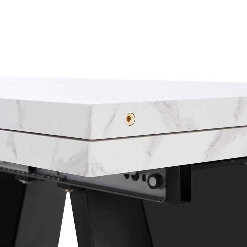 Table de Salle à Manger Extensible Blanche et Noire Effet Marbre avec Pieds en Acier au Carbone (99-159cm) CAUDRIED