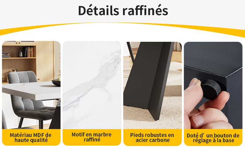 Table de Salle à Manger Extensible Blanche et Noire Effet Marbre avec Pieds en Acier au Carbone (99-159cm) CAUDRIED
