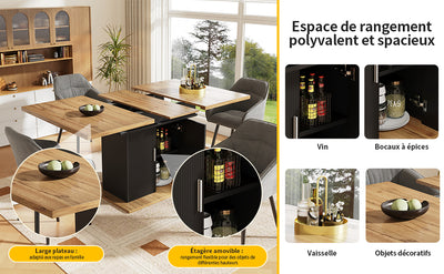 Table à Manger Extensible Noire avec Rangement Intégré et Portes Sculptées - Idéale pour 6-8 Personnes CHOCAS BLACK