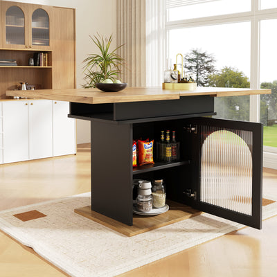 Table à Manger Extensible Noire avec Portes en Verre Canelé et Rangement Intégré CHOCAS BLACK GLASS