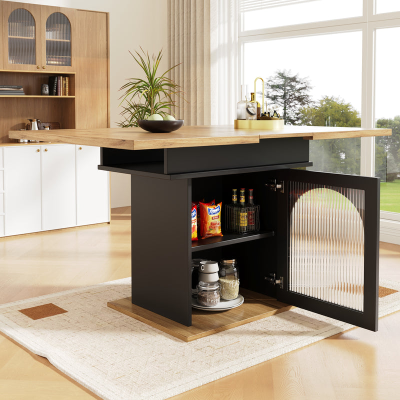 Table à Manger Extensible Noire avec Portes en Verre Canelé et Rangement Intégré CHOCAS BLACK GLASS