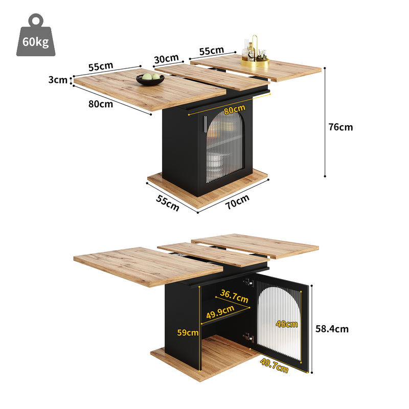 Table à Manger Extensible Noire avec Portes en Verre Canelé et Rangement Intégré CHOCAS BLACK GLASS