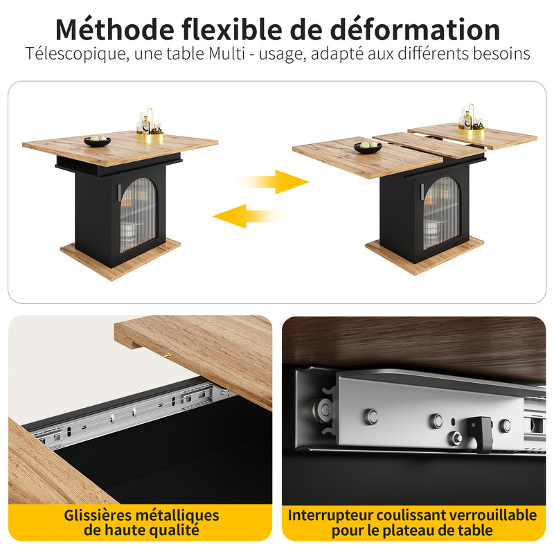 Table à Manger Extensible Noire avec Portes en Verre Canelé et Rangement Intégré CHOCAS BLACK GLASS