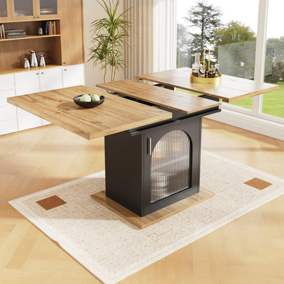 Table à Manger Extensible Noire avec Portes en Verre Canelé et Rangement Intégré CHOCAS BLACK GLASS