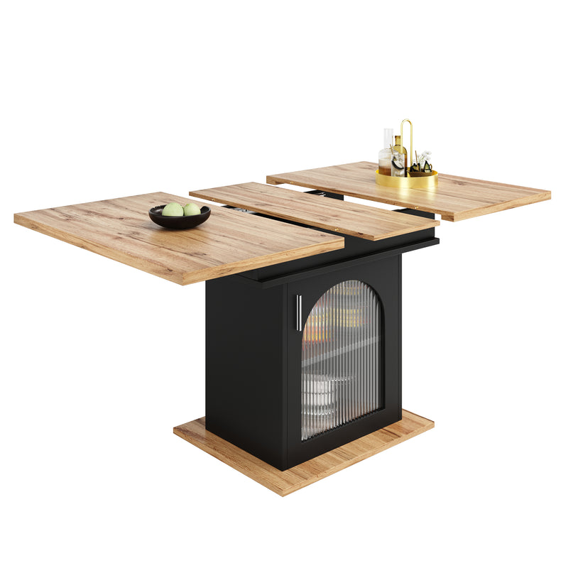 Table à Manger Extensible Noire avec Portes en Verre Canelé et Rangement Intégré CHOCAS BLACK GLASS