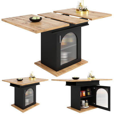 Table à Manger Extensible Noire avec Portes en Verre Canelé et Rangement Intégré CHOCAS BLACK GLASS