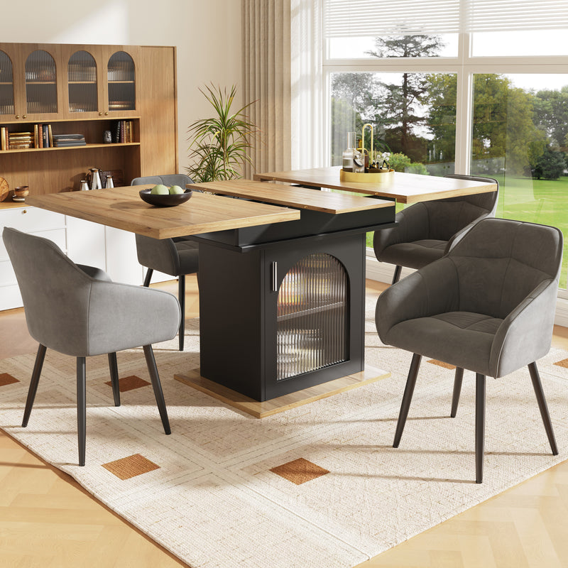 Table à Manger Extensible Noire avec Portes en Verre Canelé et Rangement Intégré CHOCAS BLACK GLASS
