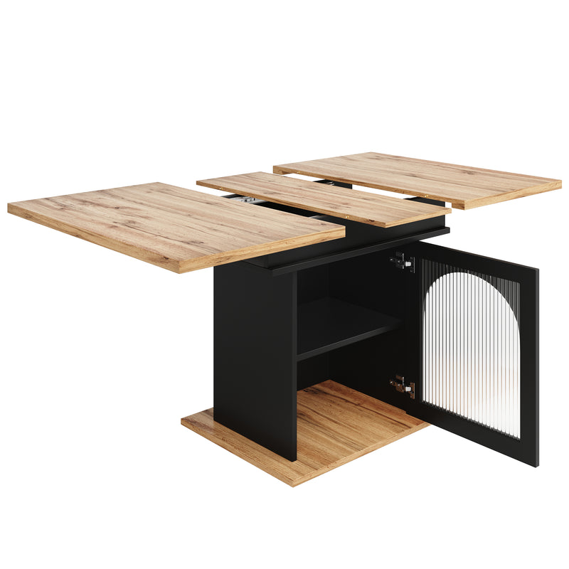 Table à Manger Extensible Noire avec Portes en Verre Canelé et Rangement Intégré CHOCAS BLACK GLASS