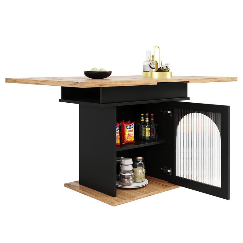 Table à Manger Extensible Noire avec Portes en Verre Canelé et Rangement Intégré CHOCAS BLACK GLASS