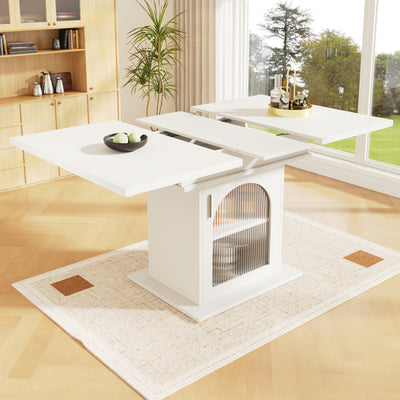Table à Manger Extensible Blanche avec Portes en Verre Canelé et Rangement Intégré CHOCAS WHITE