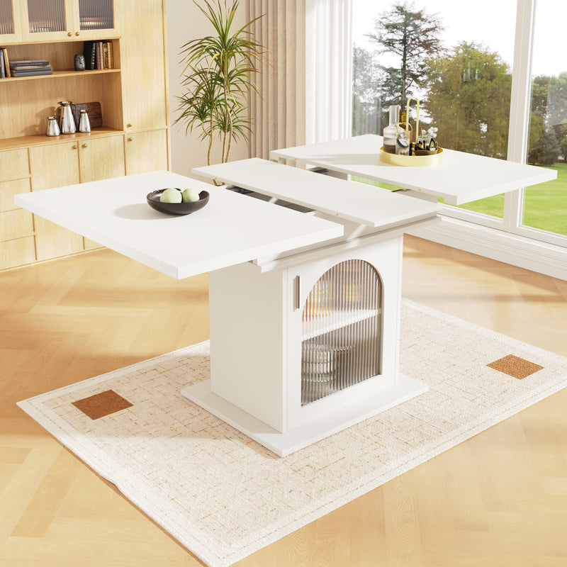 Table à Manger Extensible Blanche avec Portes en Verre Canelé et Rangement Intégré CHOCAS WHITE