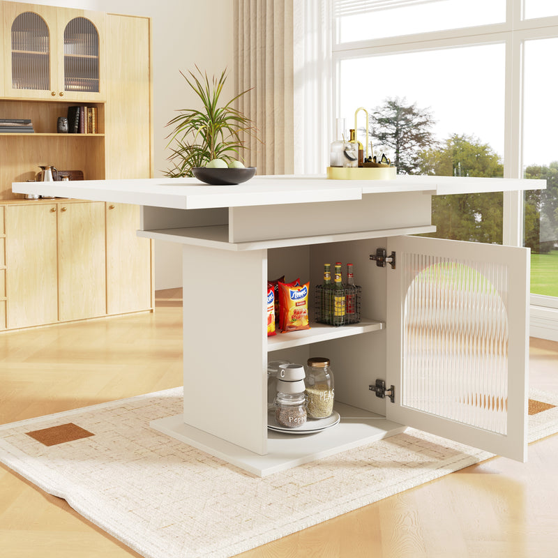 Table à Manger Extensible Blanche avec Portes en Verre Canelé et Rangement Intégré CHOCAS WHITE