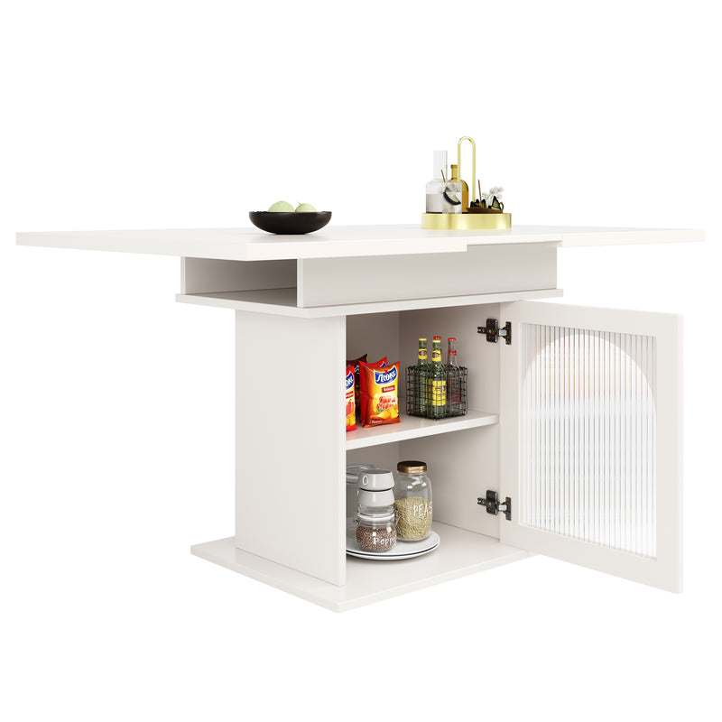 Table à Manger Extensible Blanche avec Portes en Verre Canelé et Rangement Intégré CHOCAS WHITE