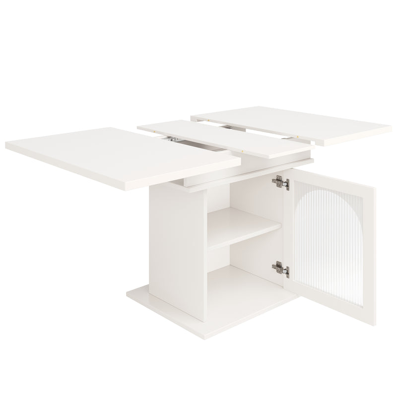 Table à Manger Extensible Blanche avec Portes en Verre Canelé et Rangement Intégré CHOCAS WHITE