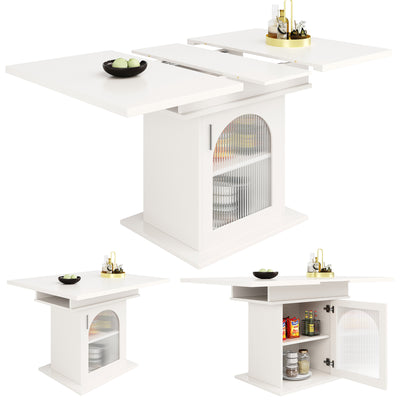 Table à Manger Extensible Blanche avec Portes en Verre Canelé et Rangement Intégré CHOCAS WHITE
