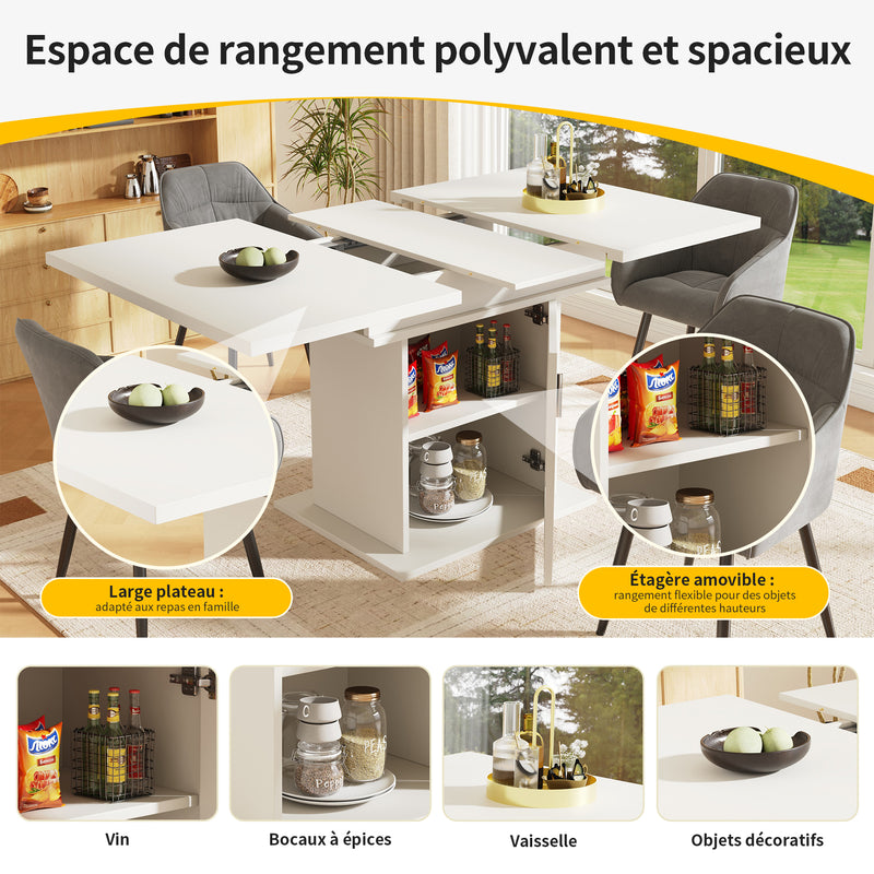 Table à Manger Extensible Blanche avec Portes en Verre Canelé et Rangement Intégré CHOCAS WHITE