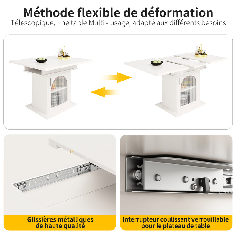 Table à Manger Extensible Blanche avec Portes en Verre Canelé et Rangement Intégré CHOCAS WHITE